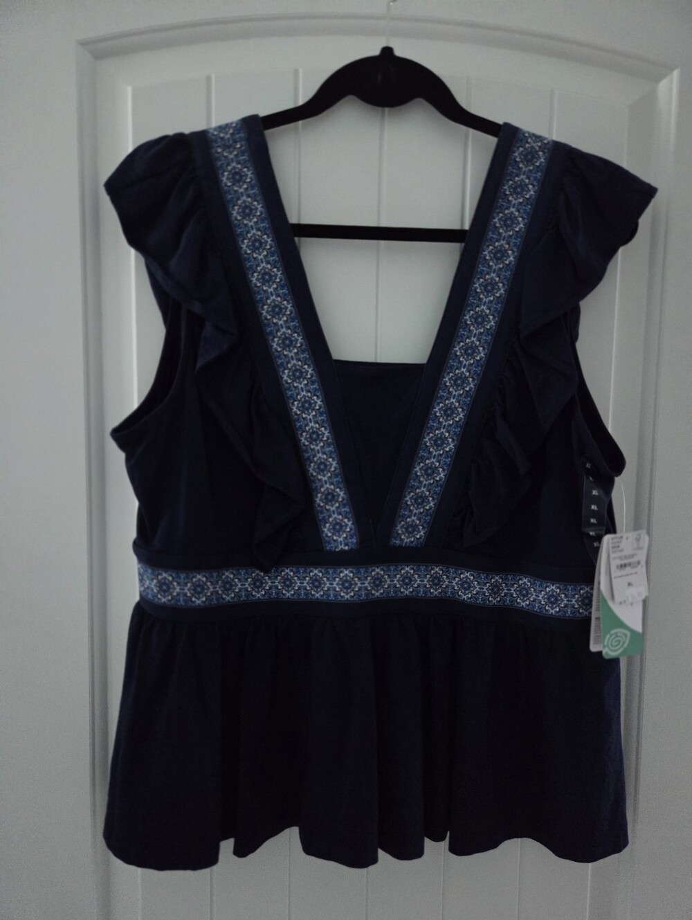 Navy Peplum Top with Blue Embroidered Trim